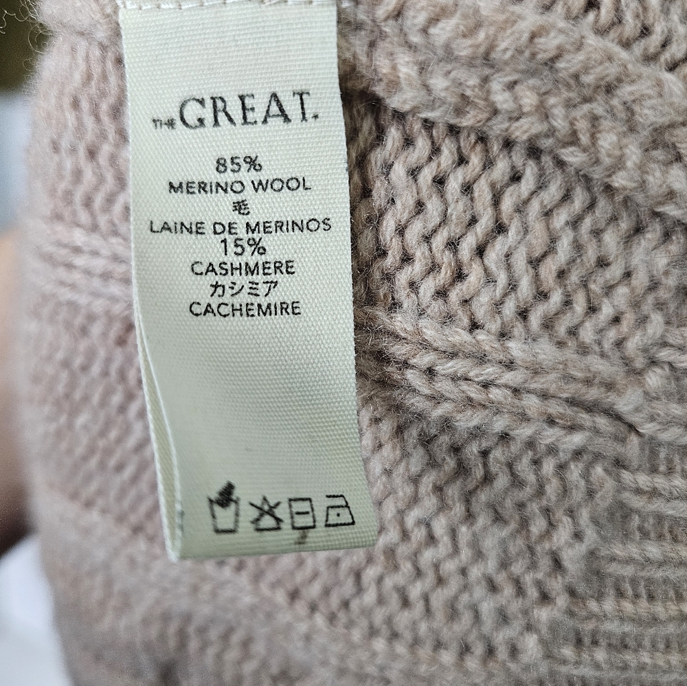 The Great  Embroidered Wool Cashmere Knit Cardigan Oatmeal Long Size 1 US Small - Picture 10 of 11
